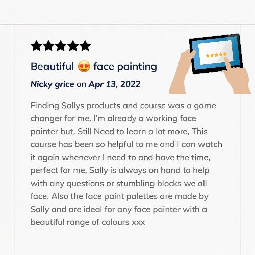 Lifetime Online Onestroke Face Painting Tuition. Access to over 160 easy to follow tutorials. New ones added regularly. (No renewal fees)