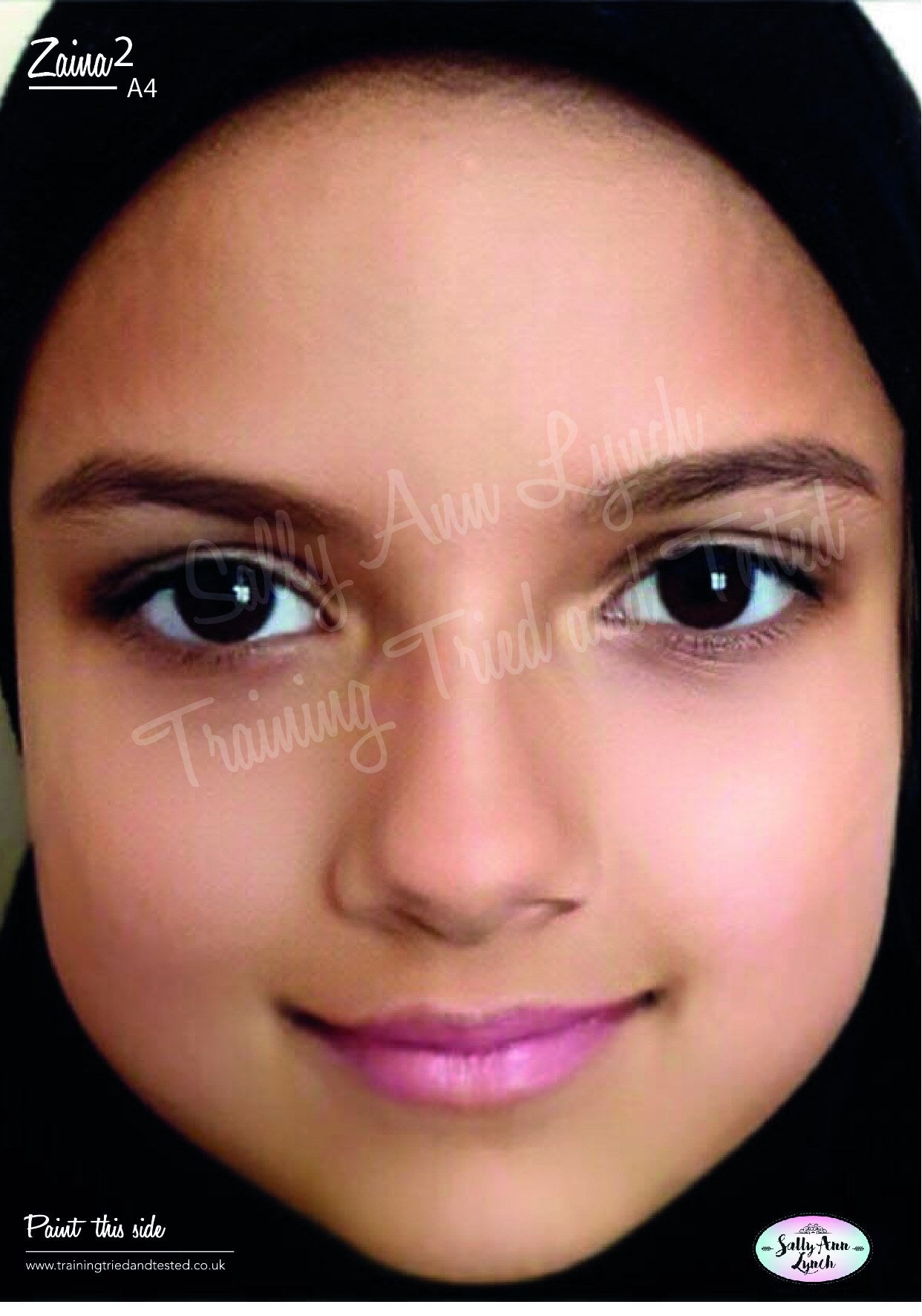 A4 Zaina (wearing Hijab) Realistic Face Painting Practice Board by Sally Ann Lynch