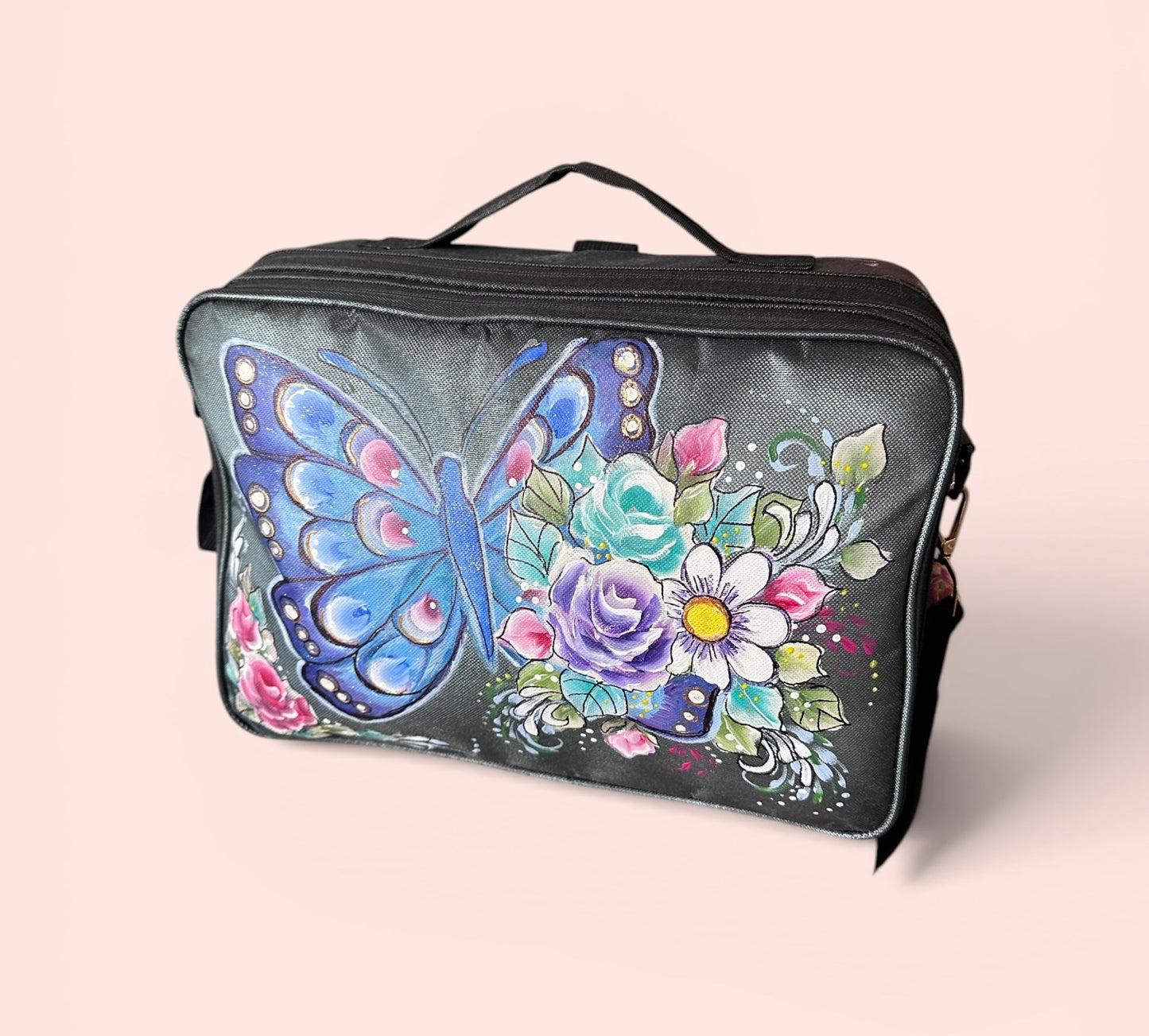 FACE PAINTING KIT BAG ONLY + HAND PAINTED LID  ON REQUEST  (unpainted - black  carry strap  plus pretty carry strap )