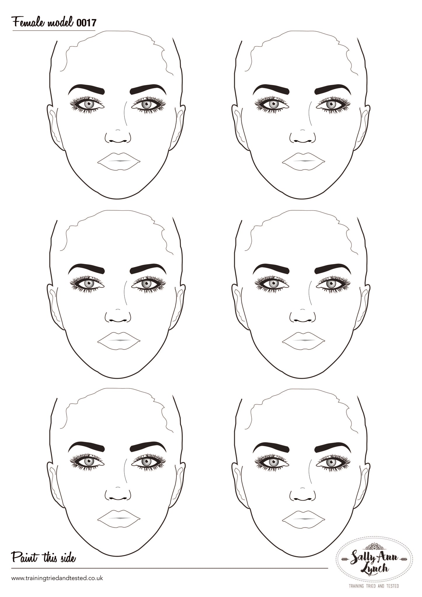 A2 Face Painting Practice Board — 6 Full Face Ladies (Portrait)