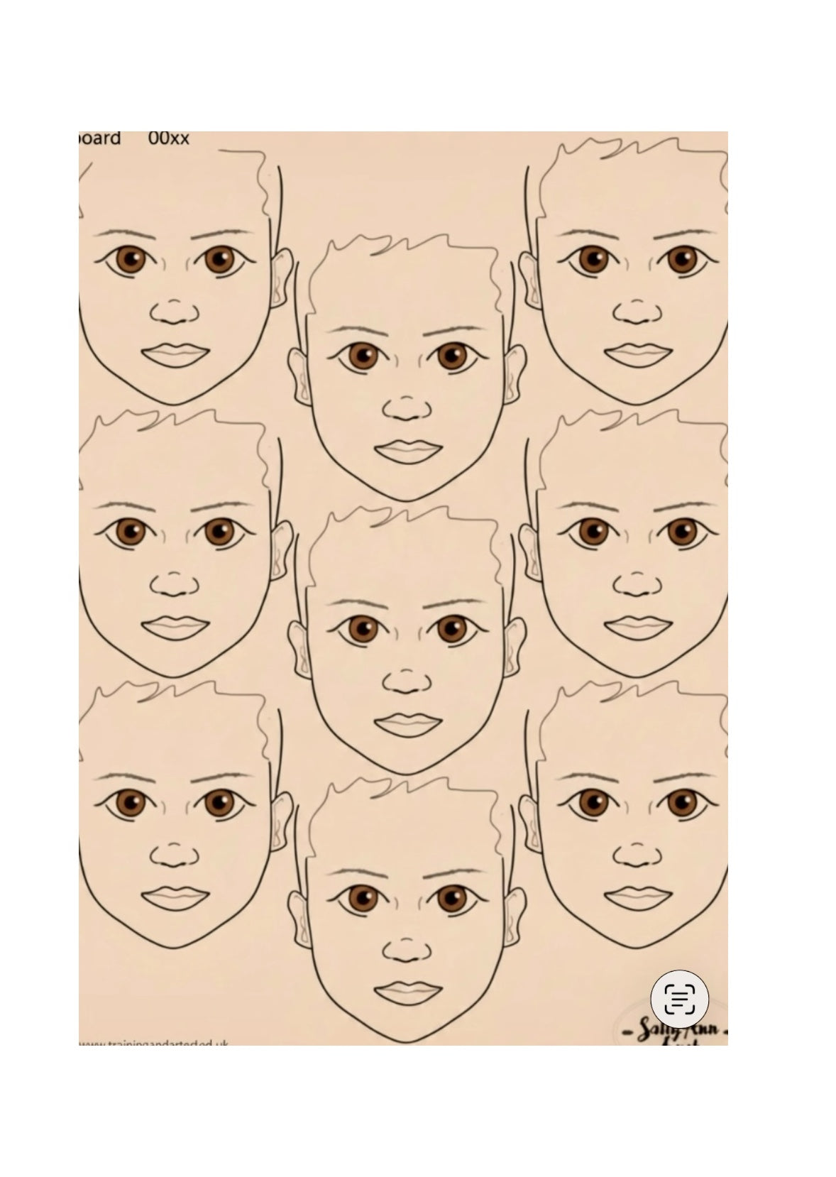 A3 Face Painting Practice & Display Board — 9 Child Faces Light Skintone